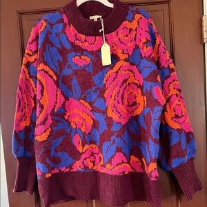JODIFL Burgundy Floral Intarsia Crewneck Sweater with Pink and Blue Accents